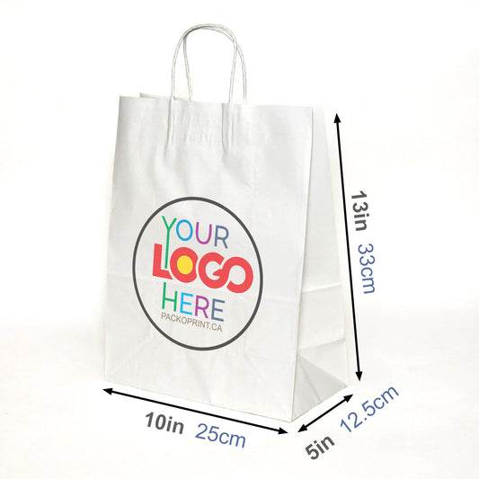 Custom Printed 10x5x13 inches White Paper Bags With Twisted Handles; Full Color Printed in Toronto, Canada