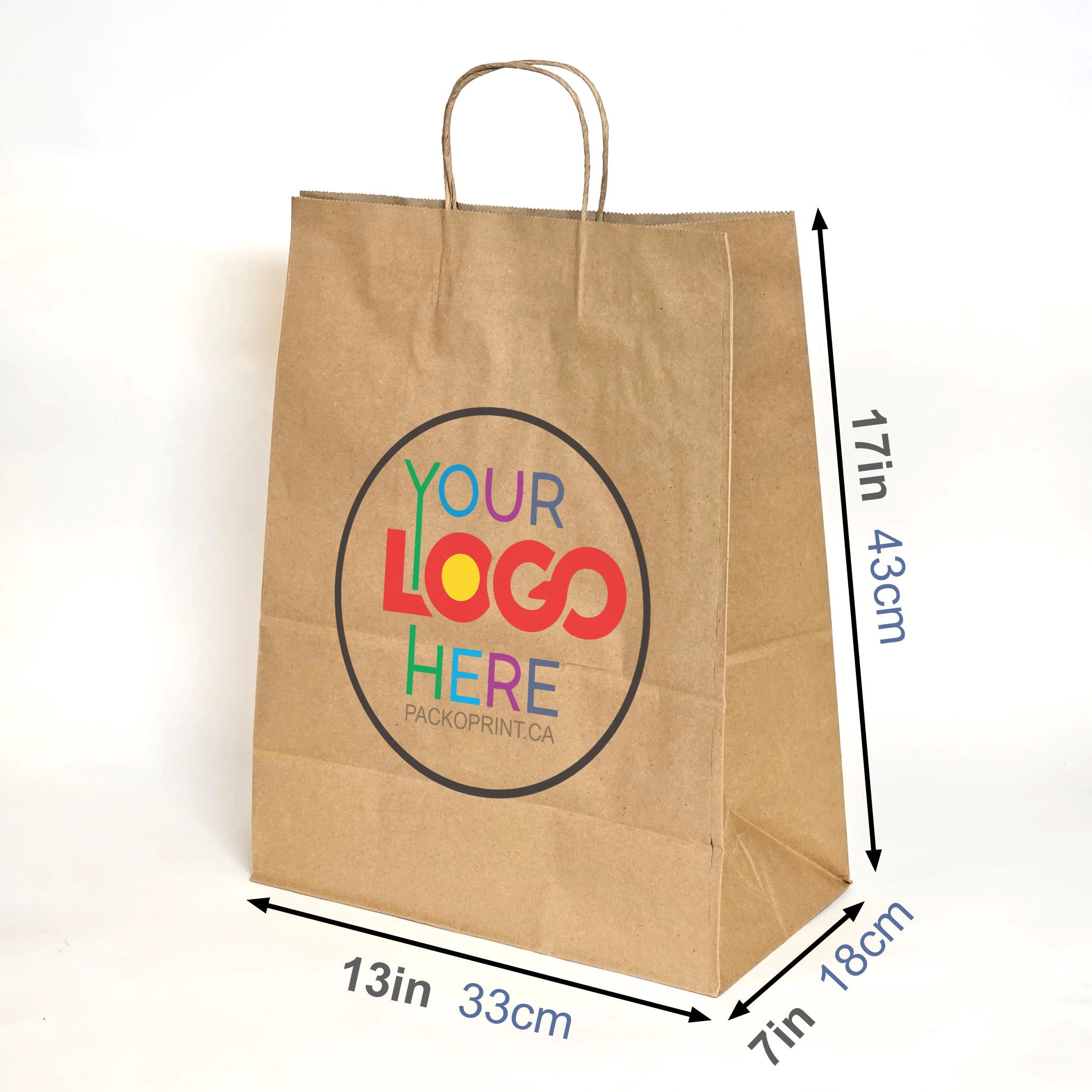 Custom Printed Kraft Paper Bags 13x7x17 With Handles Printed in Canada Packoprint