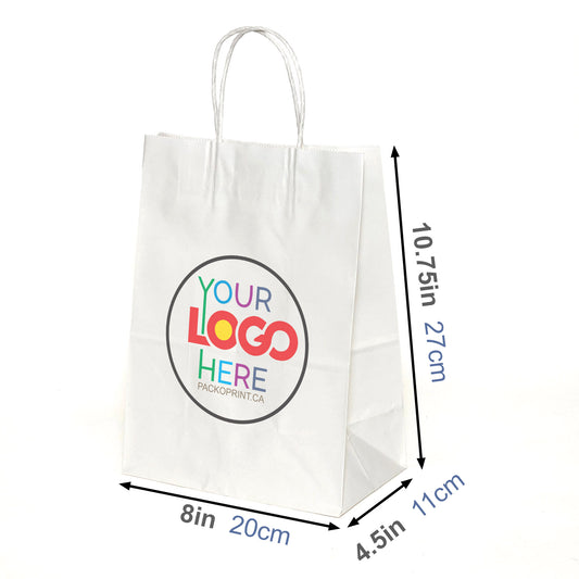 Custom Printed 8x4.5x10.75 inches White Paper Bags With Twisted Handles; Full Color Printed in Toronto, Canada