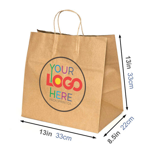 Custom Printed 13x8.5x13 inches Kraft Paper Bags With Twisted Handles; Full Color Printed in Toronto, Canada